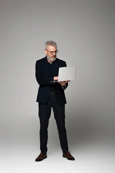 Full Length Man Grey Hair Suit Using Laptop Grey — Stock Photo, Image