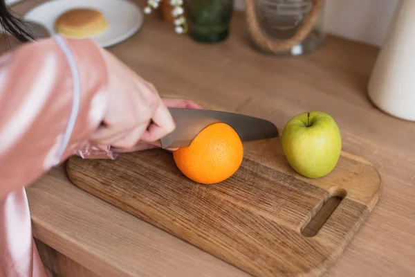 Close View Young Female Hands Cutting Fruits Kitchen — Stock Photo, Image