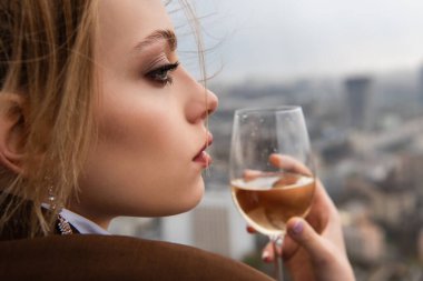 Güzel bir kadının elinde şarap kadehi ve bulanık arka planda şehir manzarası olan...