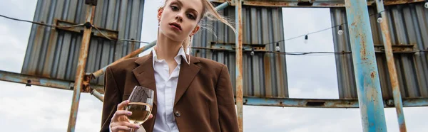 Young Woman Holding Glass Wine Rooftop Banner — Stock Photo, Image