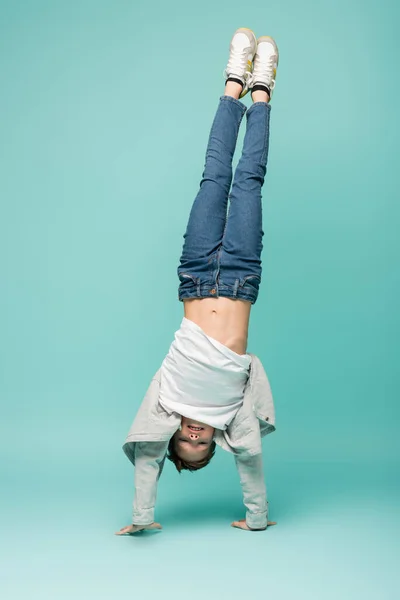 Happy Boy Denim Jeans Doing Handstand Blue — Stock Photo, Image