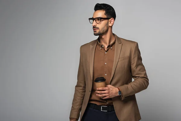 Bearded Arabian Businessman Holding Takeaway Drink Isolated Grey — Stock Photo, Image