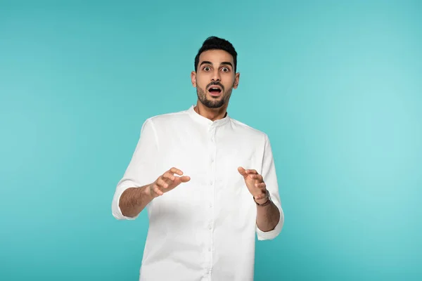 Scared Muslim Man Looking Camera Isolated Blue — Stock Photo, Image
