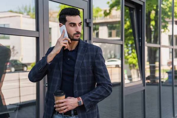 Muslim Businessman Jacket Talking Mobile Phone Holding Paper Cup Outdoors — Stock Photo, Image