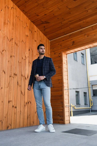 Arabian Manager Jacket Holding Paper Cup Building — Stock Photo, Image