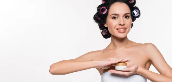 Smiling Young Woman White Bra Curlers Hair Holding Cream Container — Stock Photo, Image