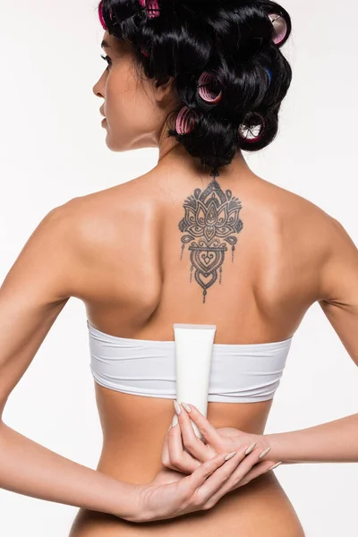 Back View Young Woman Curlers Tattoo Back Holding Cream Tube — Stock Photo, Image