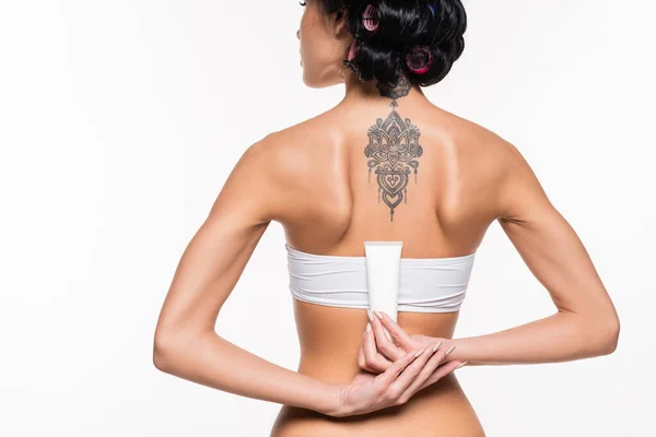 Mujer Joven Parte Superior Rulos Con Tatuaje Espalda Que Sostiene — Foto de Stock
