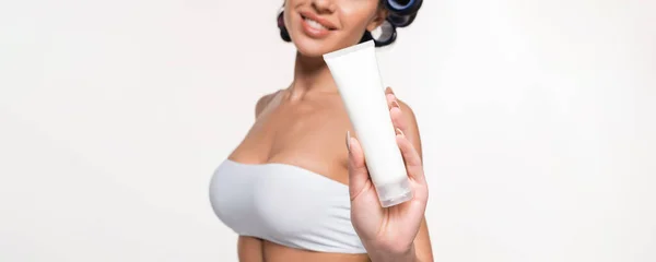 Partial View Young Woman Curlers Top Showing Cream Tube Isolated — Φωτογραφία Αρχείου