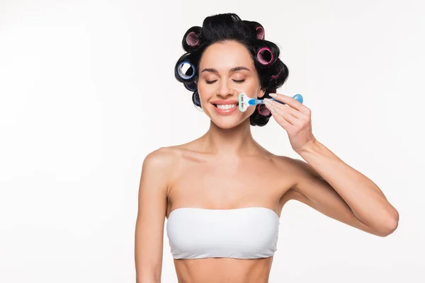 Cheerful Young Woman Curlers Top Holding Razor Face Closed Eyes — Stock Photo, Image