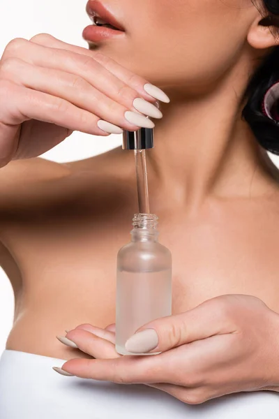 Partial View Young Woman Holding Serum Bottle Pipette Hands Isolated — Stock Photo, Image