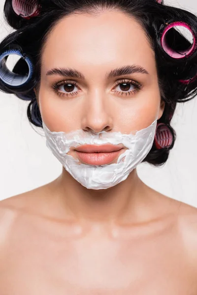 Portrait Young Woman Shaving Cream Face Isolated White — Stock Photo, Image