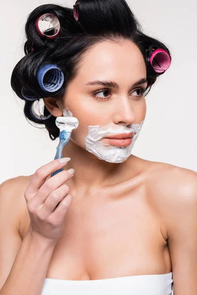 Serious Young Woman Curlers Holding Razor Face Shaving Cream Isolated — Stock Photo, Image