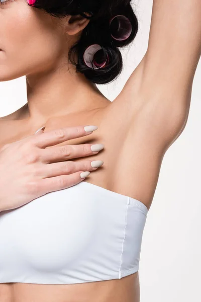 Partial View Young Woman White Top Holding Hand Smooth Armpit — Stock Photo, Image