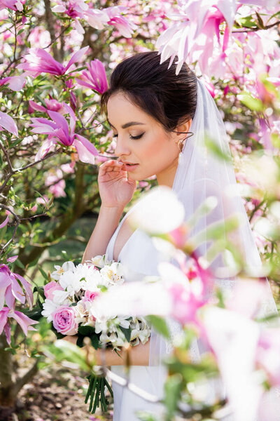 Молодая невеста в вуали стоит рядом с цветущей магнолией 