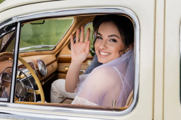 Smiling Bride Waving Hand Camera Driver Seat Vintage Auto — Stock Photo, Image