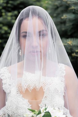 Bride in veil looking at camera near flowers on blurred foreground outdoors  clipart