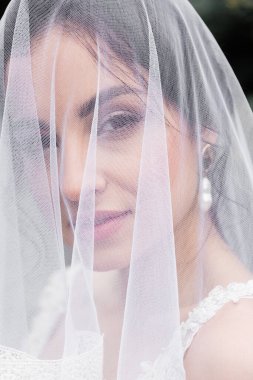 Pretty bride in white veil looking at camera  clipart