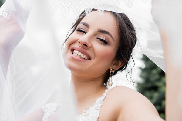 Positive bride smiling and holding blurred veil outdoors 