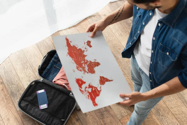 High Angle View Passport Suitcase Blurred Man Map — Stock Photo, Image