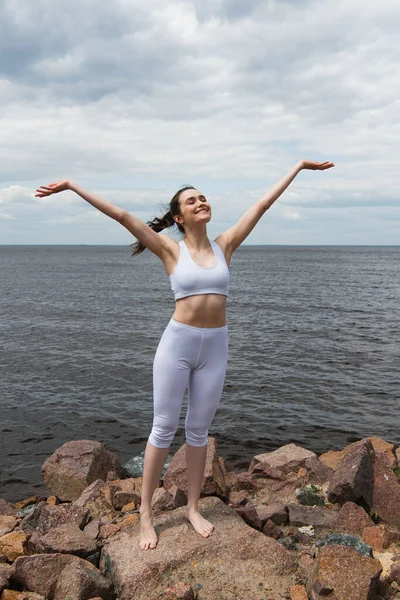 Happy Young Woman Closed Eyes Raised Hands Sea — Stock Photo, Image