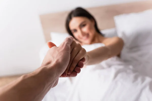 Man Holding Hands Blurred Girlfriend Bedroom — Stock Photo, Image
