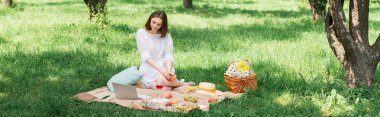 Elinde meyve tutan ve parkta piknik yaparken dizüstü bilgisayara bakan bir kadın. 
