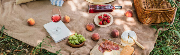 Book, tasty fruits and wine on blanket in park, banner 