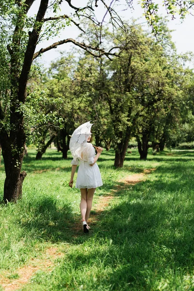 Jonge Vrouw Met Paraplu Wandelen Park — Stockfoto