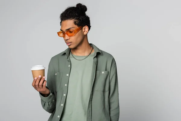 African American Man Trendy Shirt Eyeglass Looking Paper Cup Grey — Stok Foto