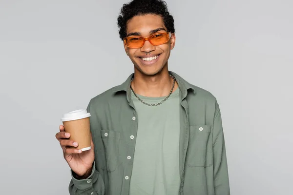 Stylish Happy African American Man Coffee Smiling Camera Isolated Grey — Stock Photo, Image