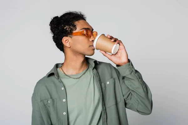 Trendy African American Man Shirt Orange Eyeglasses Drinking Coffee Paper — Stock Photo, Image