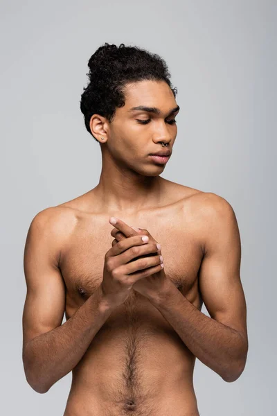 Shirtless Pierced African American Man Standing Isolated Grey Beauty Concept — Stock Photo, Image