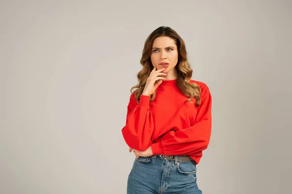 Pensive Woman Sweatshirt Looking Away Isolated Grey — Stock Photo, Image