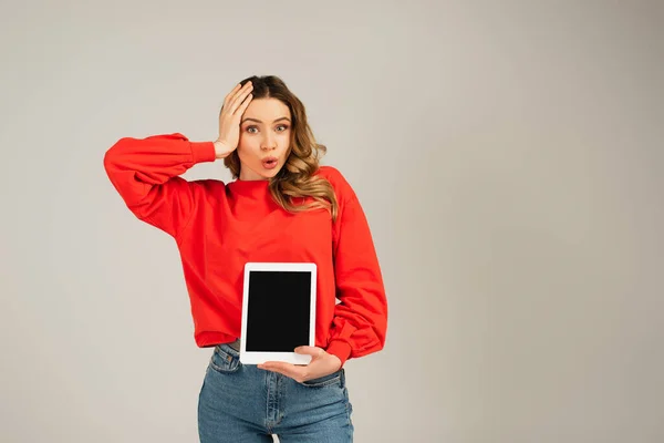 Shocked Woman Holding Digital Tablet Blank Screen Isolated Grey — Stock Photo, Image