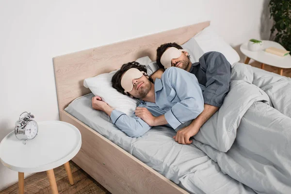 Gay Couple Eye Masks Hugging While Sleeping Bed — Stock Photo, Image