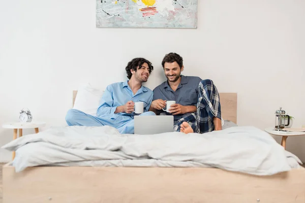 Feliz Gay Homens Assistindo Filme Laptop Segurando Copos Chá — Fotografia de Stock