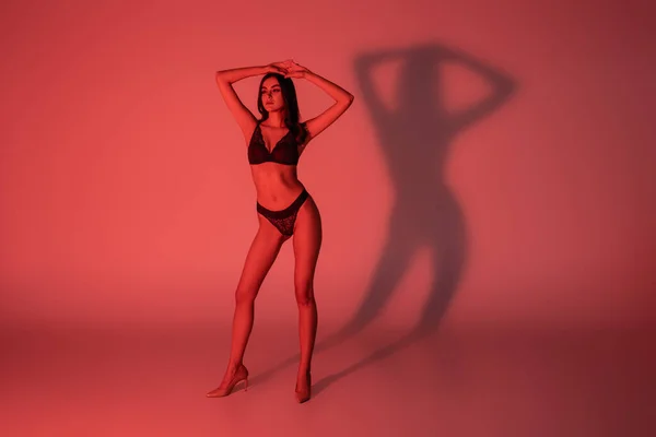 Longitud Completa Mujer Sexy Ropa Interior Encaje Tacones Posando Rojo — Foto de Stock