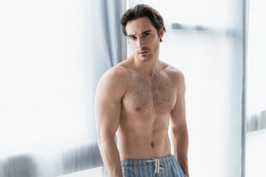 Genç, üstsüz bir adam evdeki pencerenin yanındaki kameraya bakıyor.