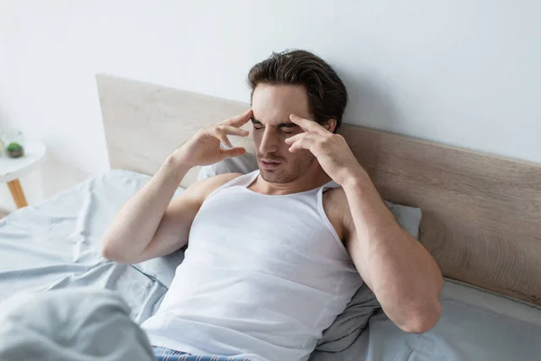 Man Touching Head While Suffering Migraine Morning — Stock Photo, Image