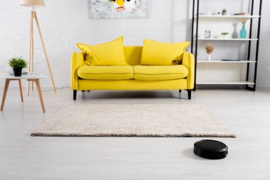 Oturma odasının içinde yerde robotik elektrik süpürgesi var. 