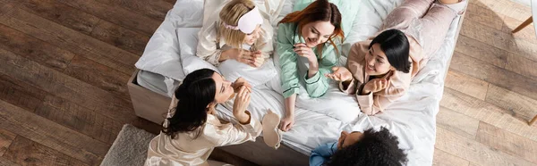 High Angle View Group Pleased Interracial Women Talking Slumber Party — Stock Photo, Image