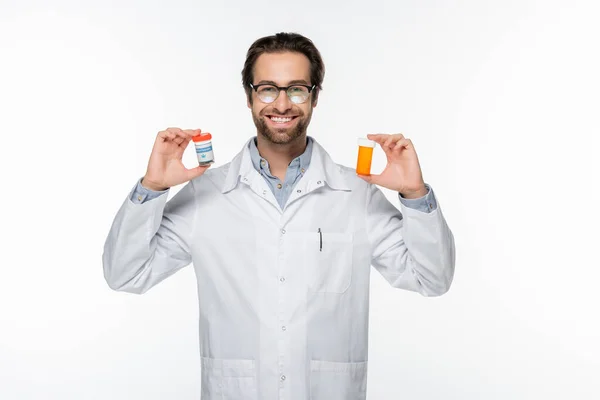 Smiling Doctor Showing Containers Medical Cannabis Isolated White — Stock Photo, Image