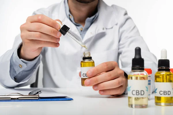 Partial View Doctor Holding Dropper Vial Cbd Oil Isolated White — Stock Photo, Image