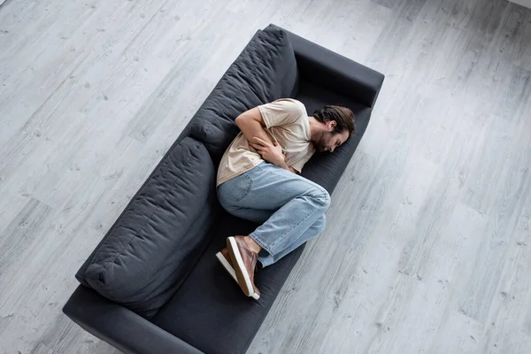 Top View Man Suffering Stomach Pain Couch — Stock Photo, Image