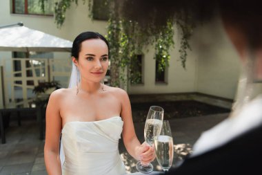 Gelinlik giymiş bir kadın düğün sırasında bulanık kız arkadaşıyla şampanya içiyor. 
