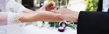 Düğün sırasında kız arkadaşının parmağına yüzük takan lezbiyen kadın manzarası. 