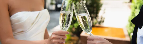 Cropped view of same sex couple clinking with champagne during wedding, banner