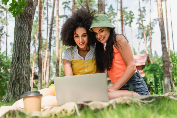 Smiling African American Woman Looking Blurred Laptop Coffee Girlfriend Park — Stock Photo, Image