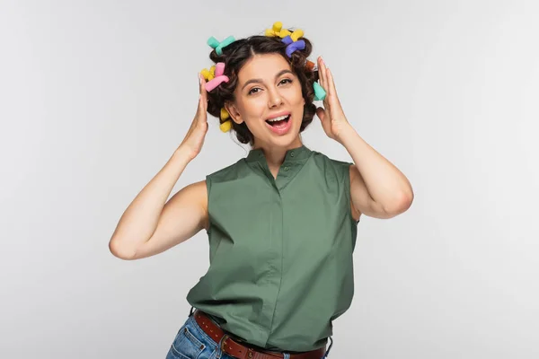Amazed Young Woman Colorful Hair Curlers Isolated Grey — Stock Photo, Image